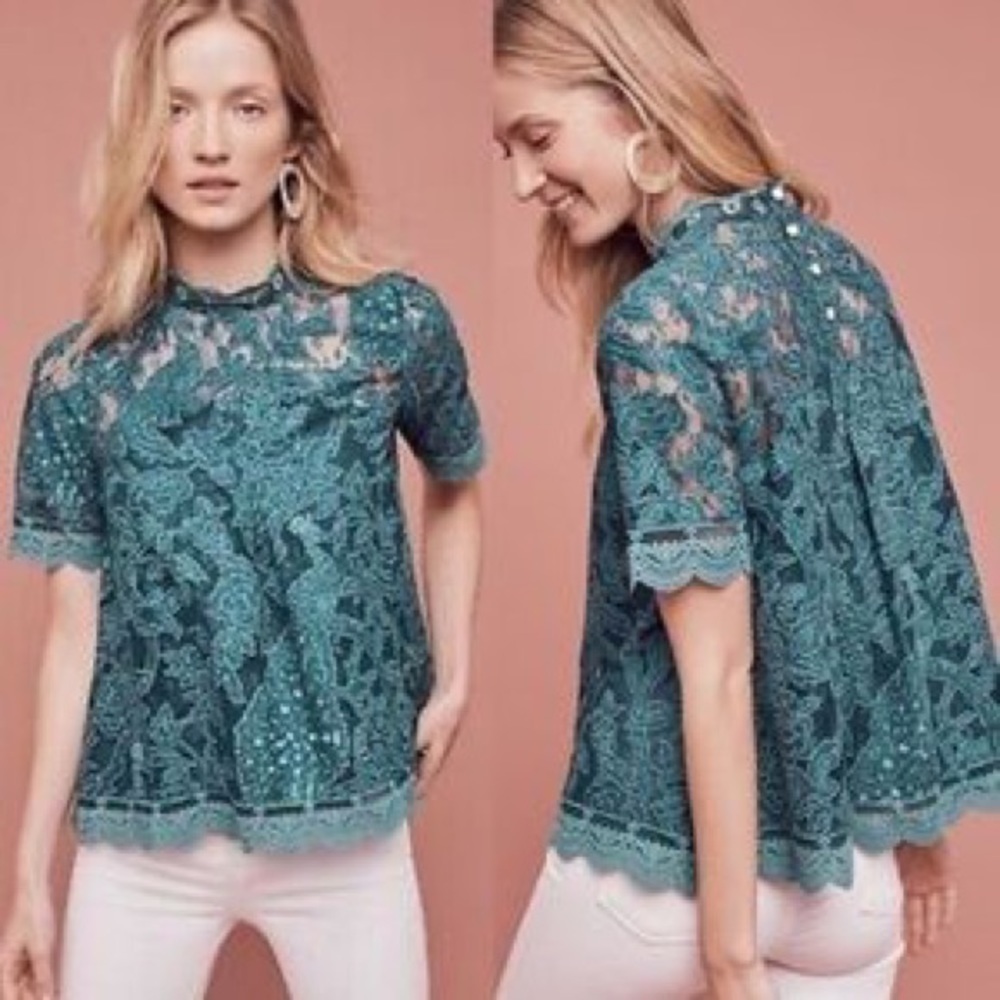 HD IN PARIS turquoise teal peacock lace top